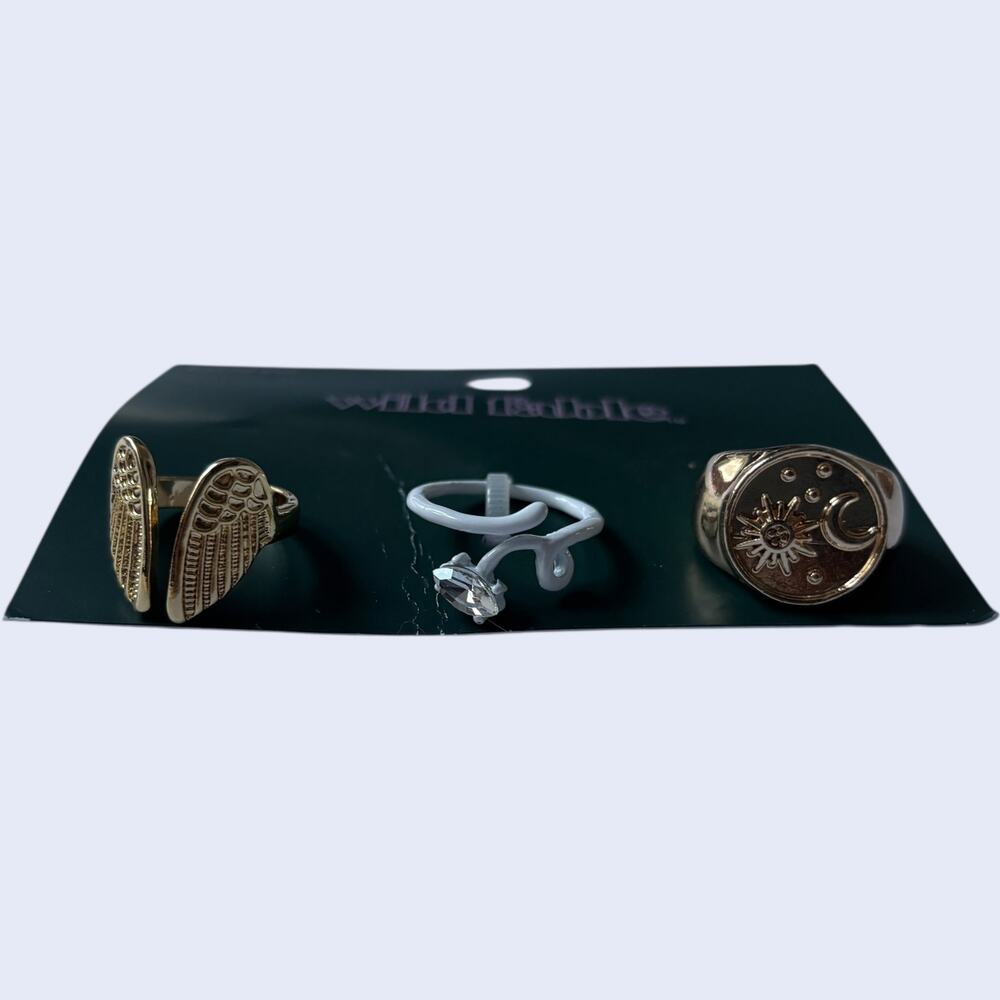 Wild Fable 7 Y2K Celestial Rings Gold Angel Wing Sun Moon White Snake Set